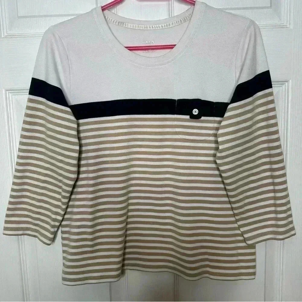 Alia Shirt Striped 3/4 Sleeves Tan/White/Black Size Medium